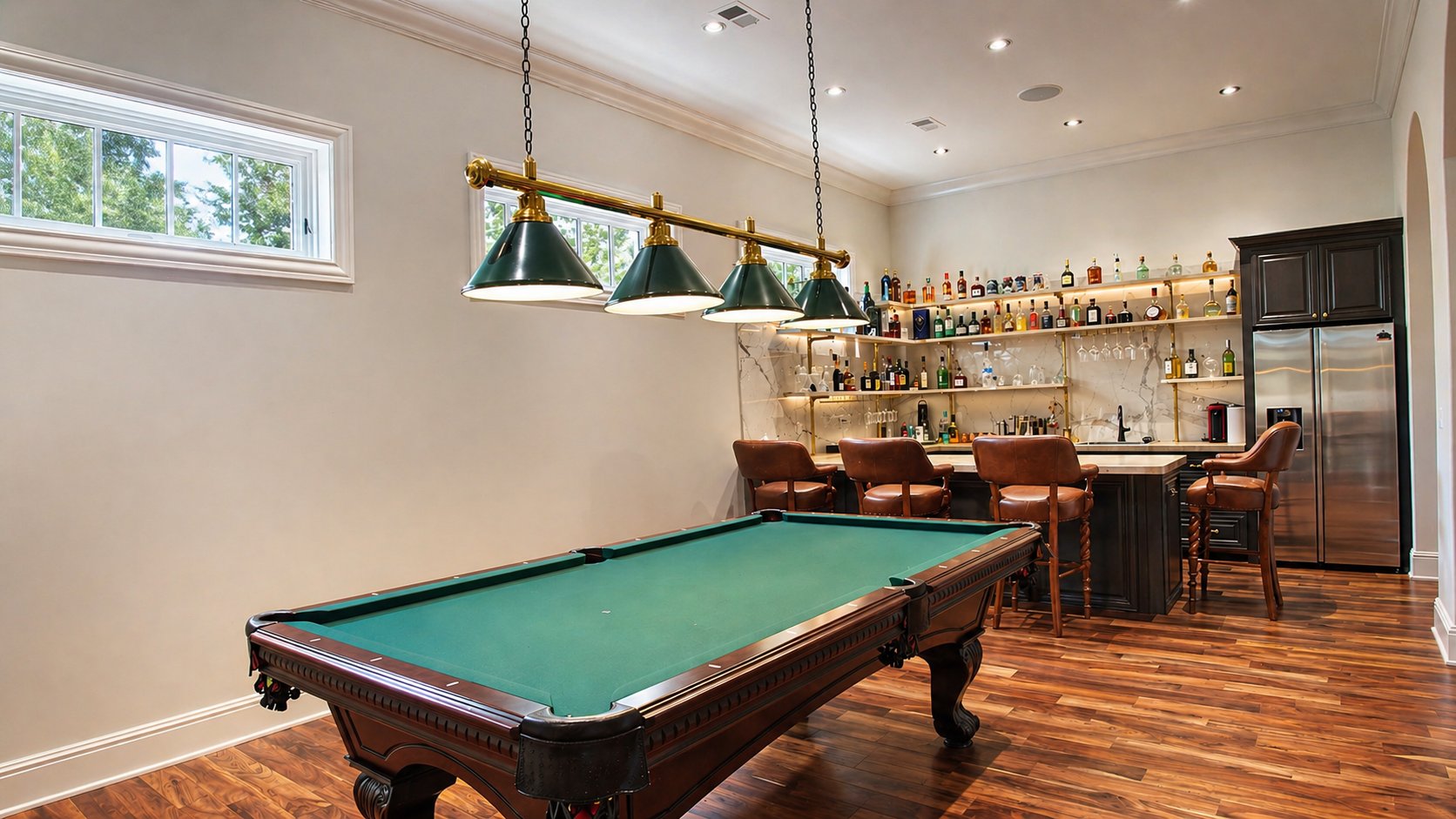 Lower-level billiards room with full wet bar and marble backsplash