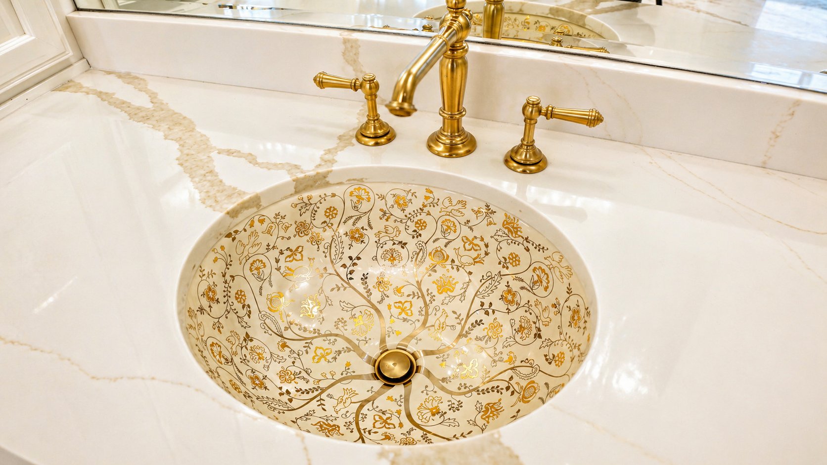Hand-painted gilt floral vessel sink with marble vanity and aged-brass fittings