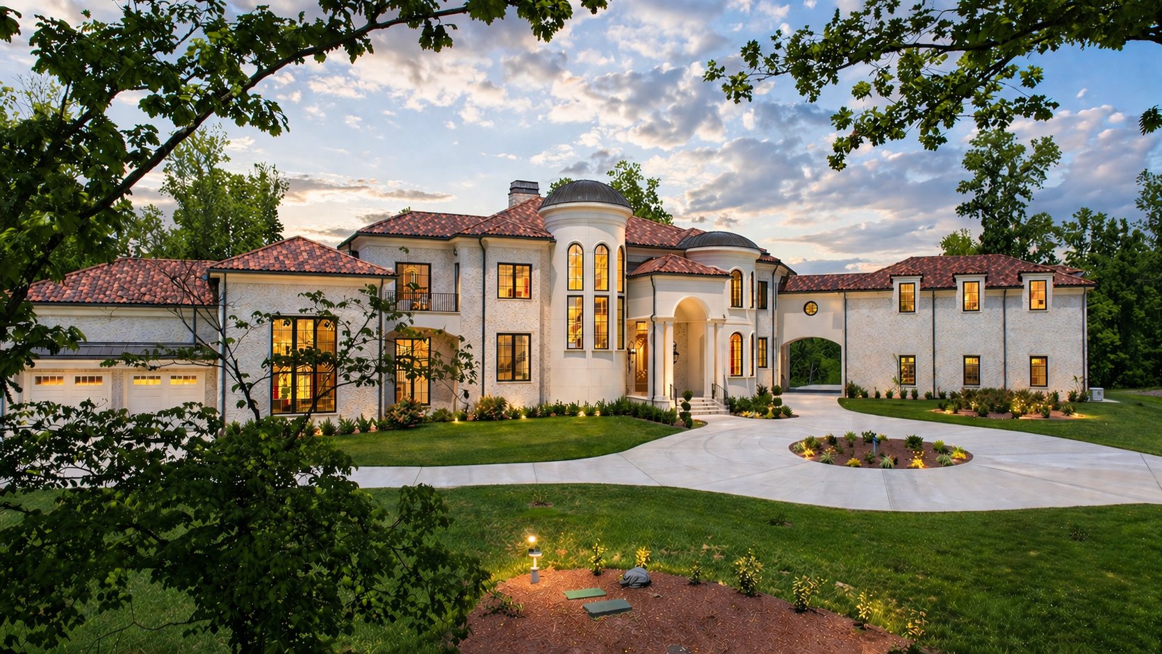 Estate façade at twilight