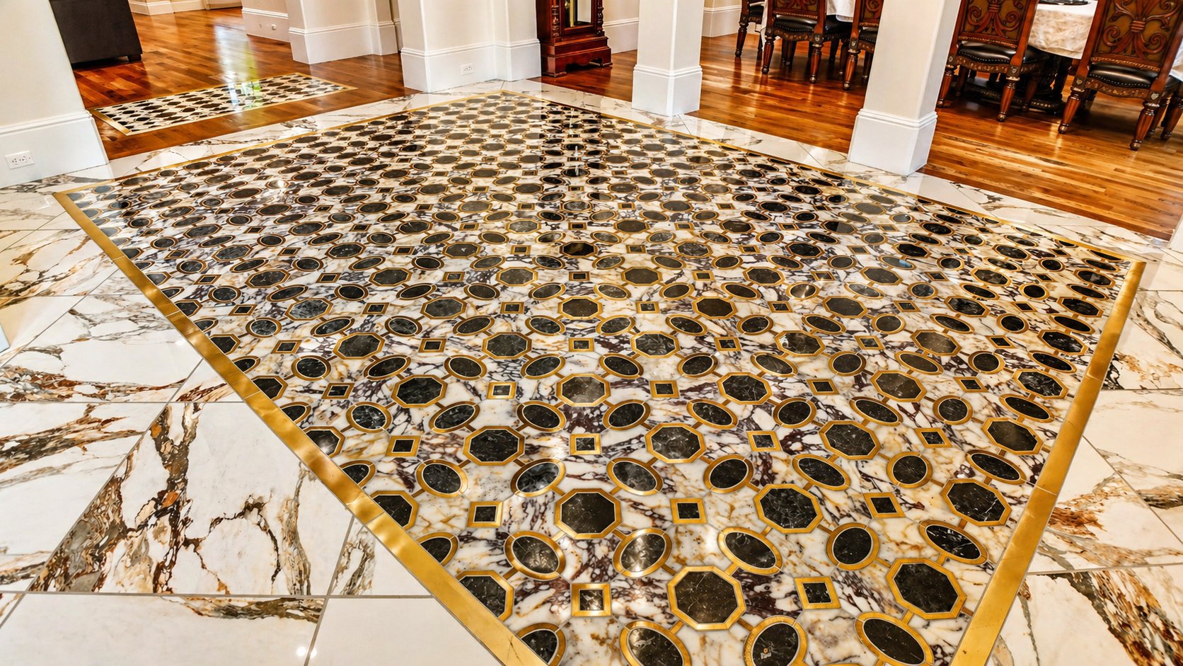 Marble and brass inlay floor detail in the foyer